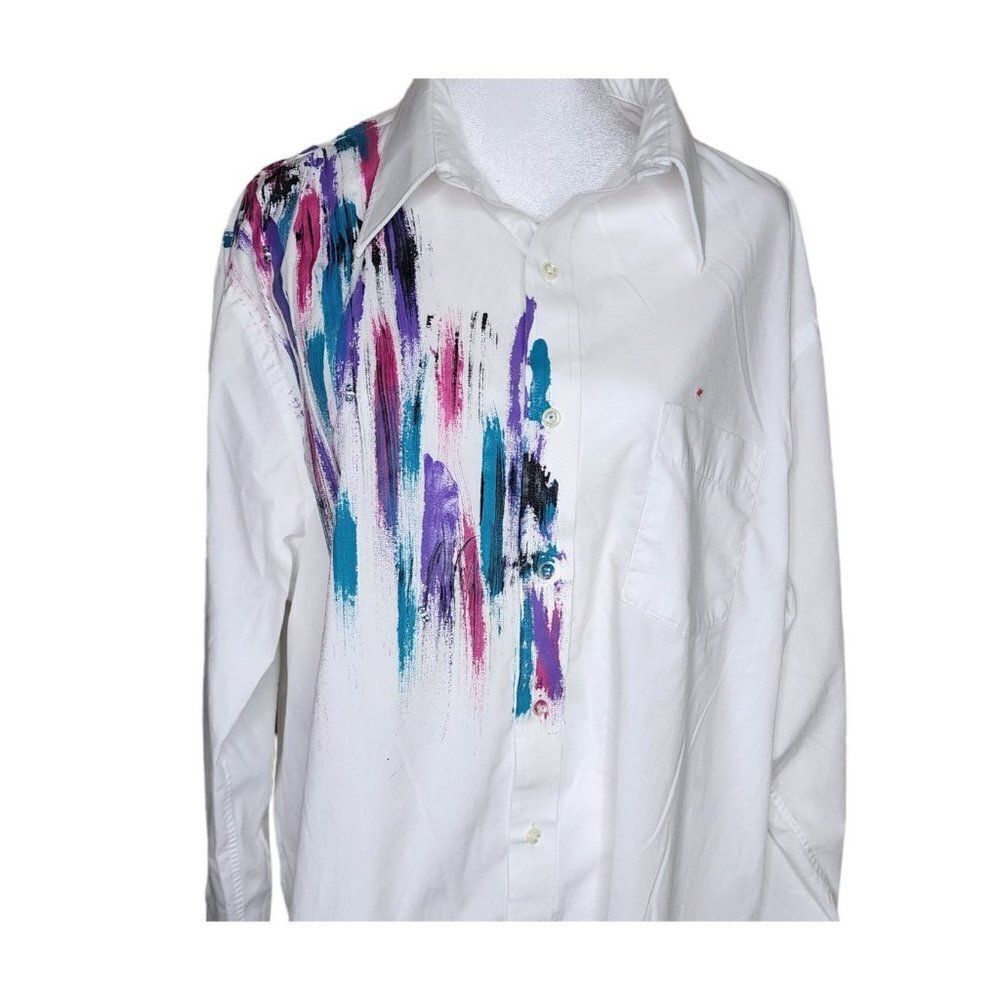 Vintage 80s Button Down Shirt Womens Size L White Purple Abstract Painted